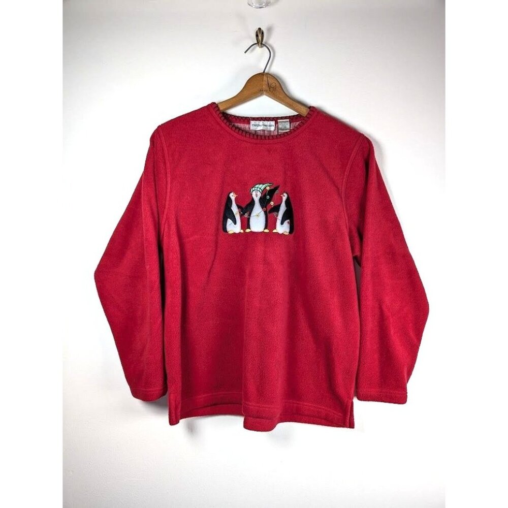 Cathy Daniels Sweater Size Large Fleece Christmas Holiday‎ Penguins Cozy Warm